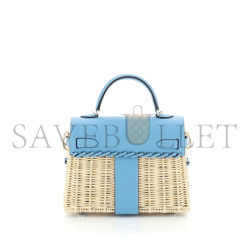 H**mes master picnic mini kelly 20 handbag bleu du nord swift and wicker with palladium hardware (20*14*8cm)
